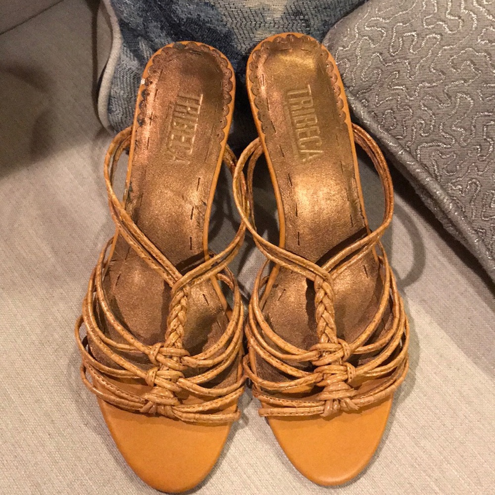 Tribeca woven peep toe pumps golden